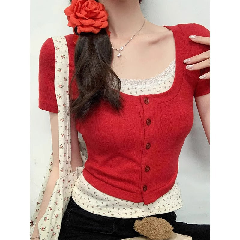 Retro Red Knit Cardigan T-Shirt Women Summer 2026