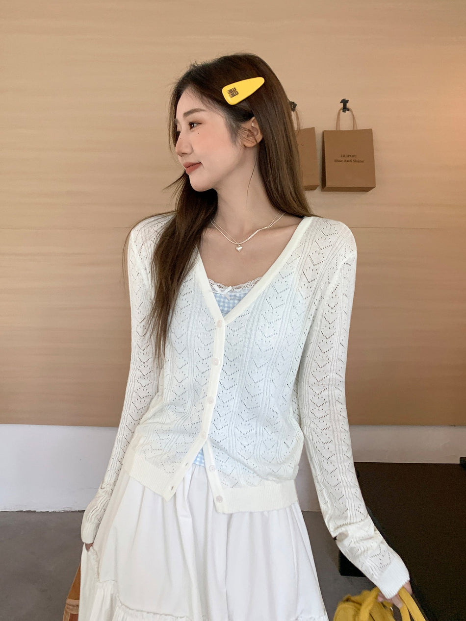 V-Neck Hollow Knit Cardigan Women Autumn 2026