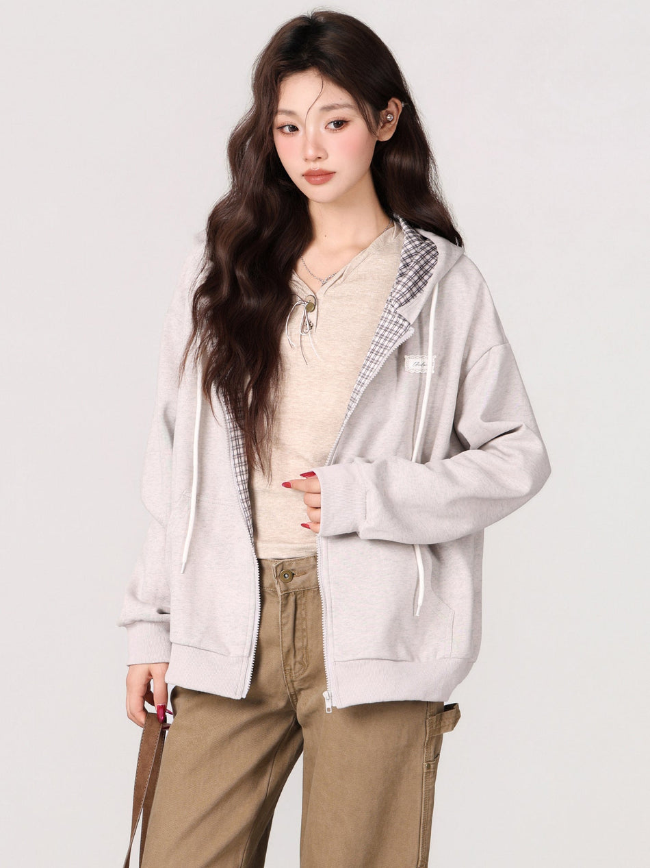 Plaid Hooded Sweatshirt Jacket Women Winter 2026