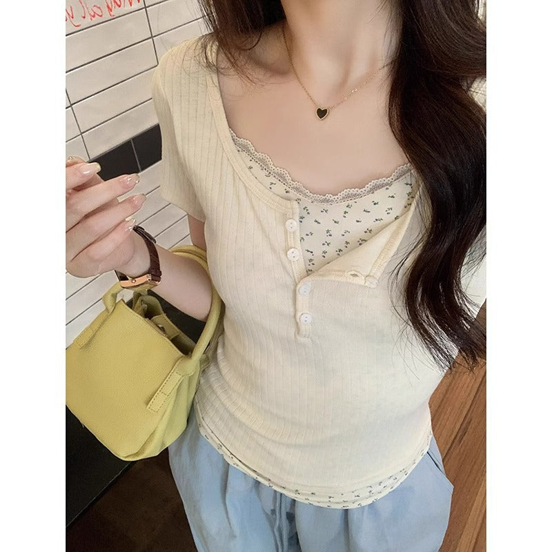 STOCK-Lace Fake Two-Piece T-Shirt Women Summer 2026