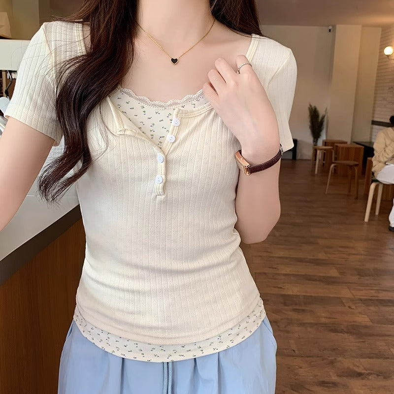 STOCK-Lace Fake Two-Piece T-Shirt Women Summer 2026