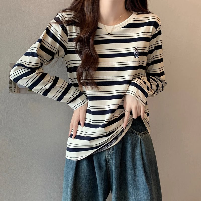 Embroidered Cotton Striped T-Shirt Women Autumn 2026