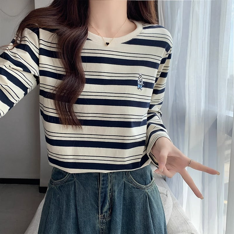 Embroidered Cotton Striped T-Shirt Women Autumn 2026