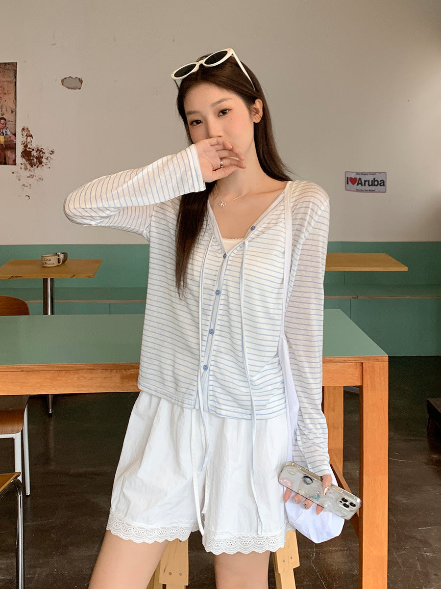 Blue Striped Bow Cardigan Women Summer 2026