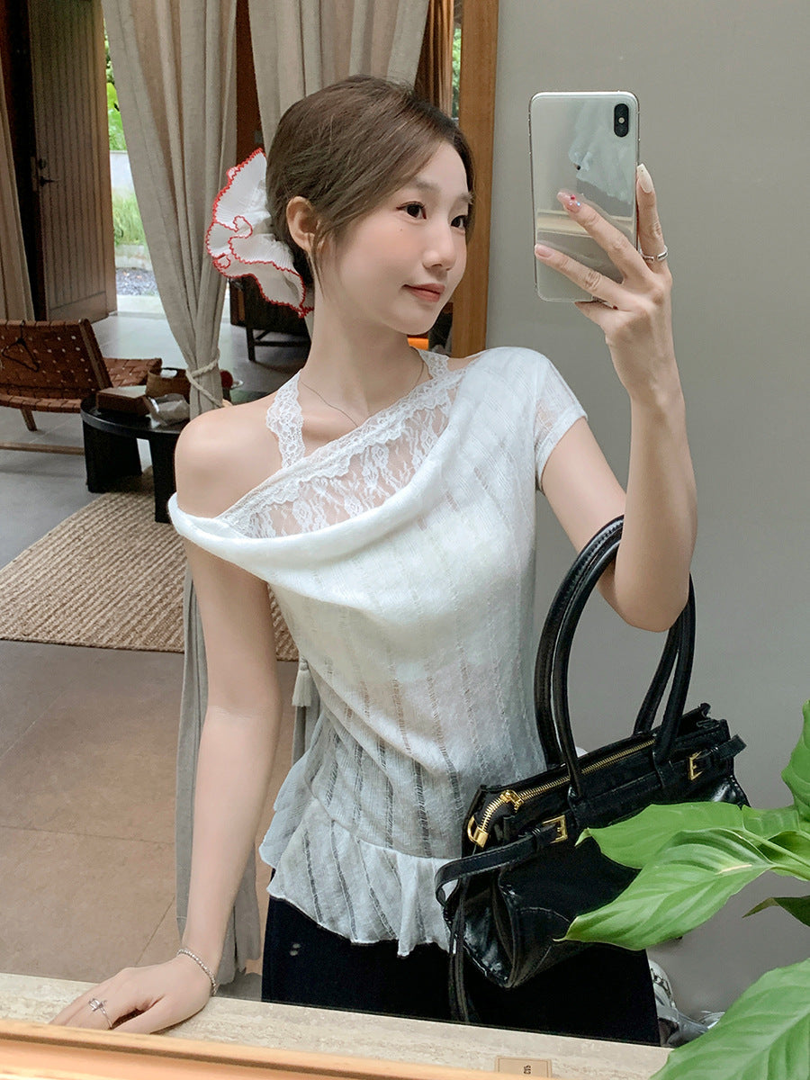 Lace Halter Ruffle T-Shirt Women Summer 2026