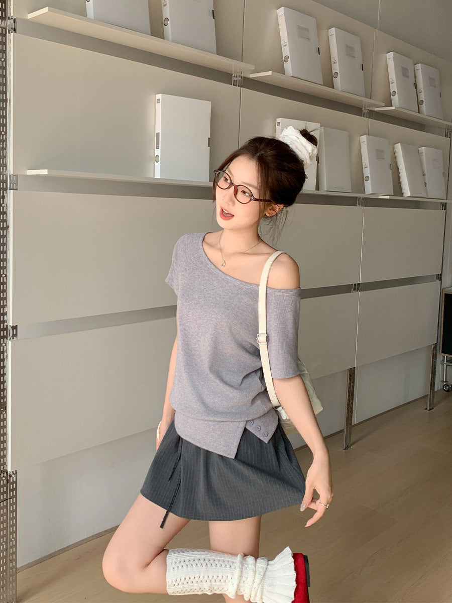 Gray Off-Shoulder Loose T-Shirt Women Summer 2026
