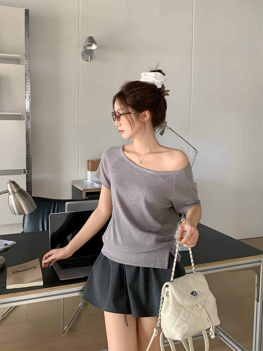 Gray Off-Shoulder Loose T-Shirt Women Summer 2026