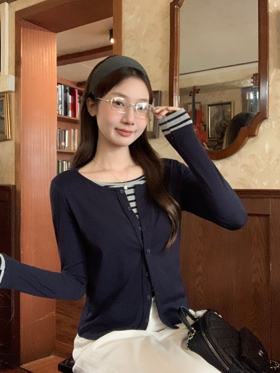 Korean Striped Fake Two-Piece T-Shirt Women Autumn 2026
