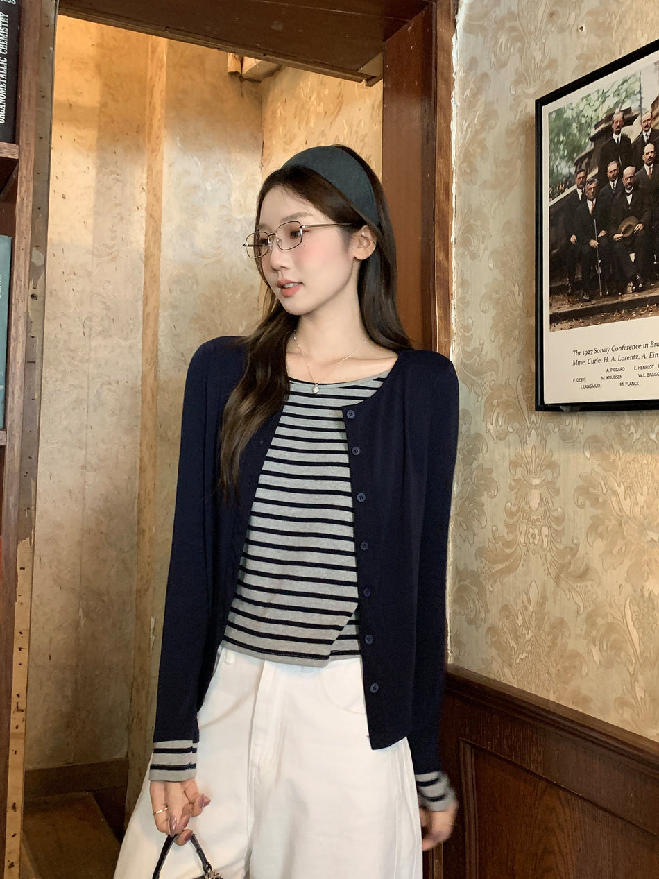 Korean Striped Fake Two-Piece T-Shirt Women Autumn 2026