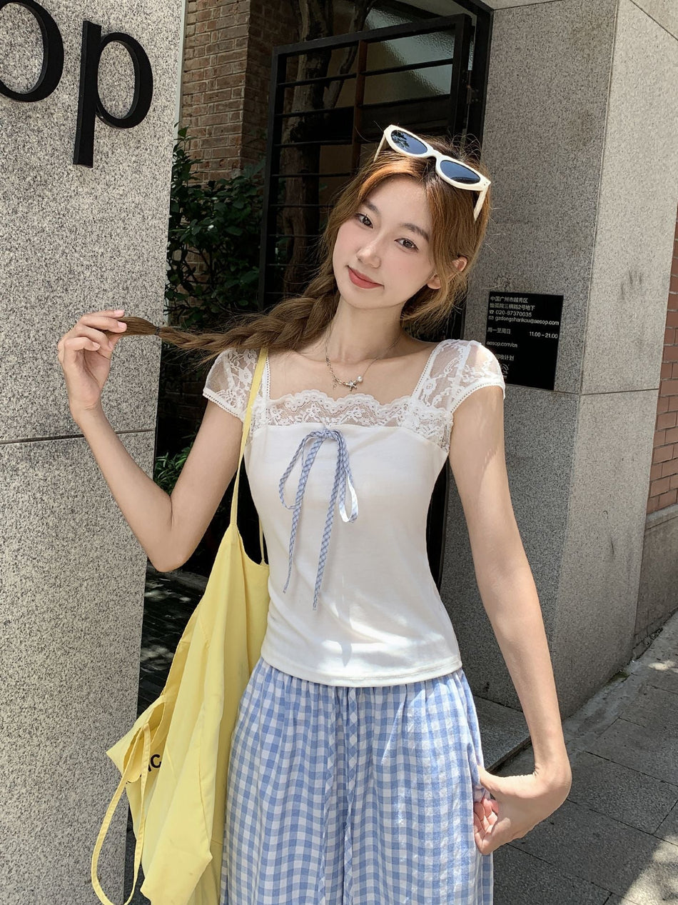 White Lace Bow Square Neck Backless Women T-Shirt Top