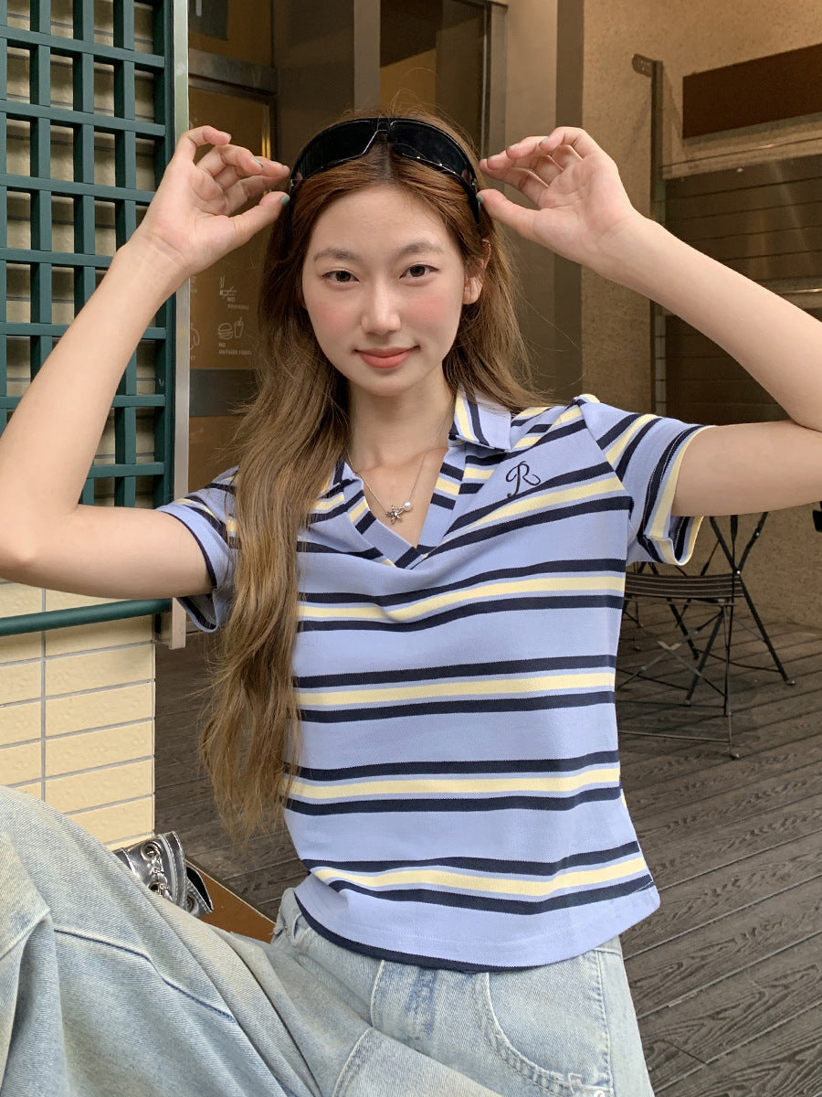 Color Block Striped Slim Fit Women T-Shirt Top