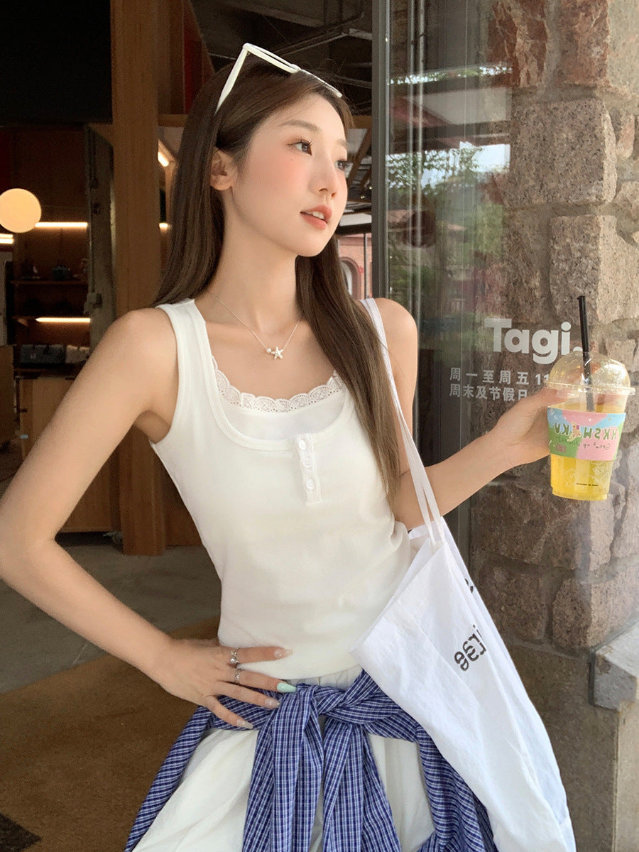 Lace Splicing Camisole Fake Two-Piece Women Top