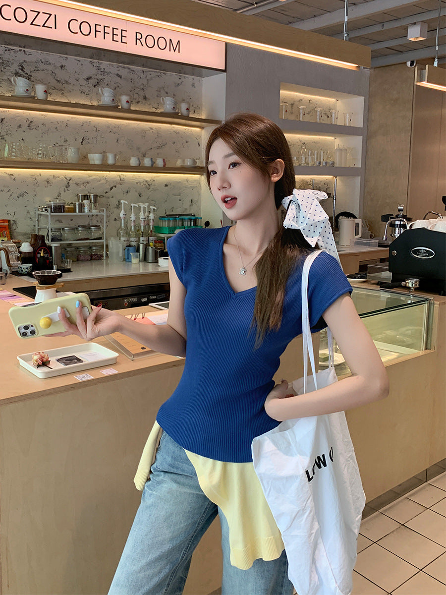 Blue V-neck Slim Fit Women Short Sleeve Top
