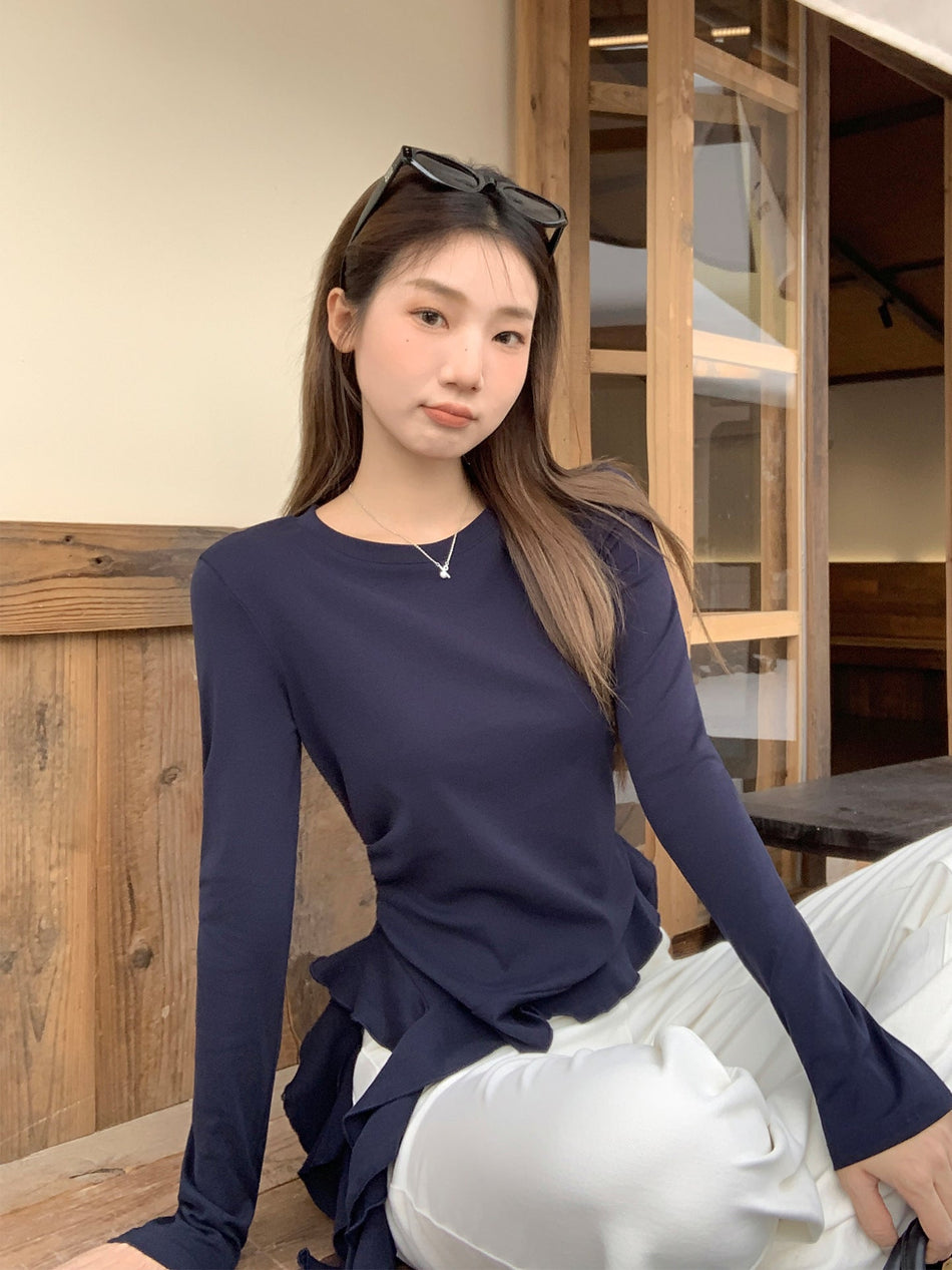Ruffle Hem Round Neck Slim Fit Women Top