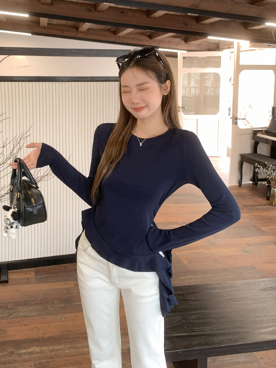 Ruffle Hem Round Neck Slim Fit Women Top