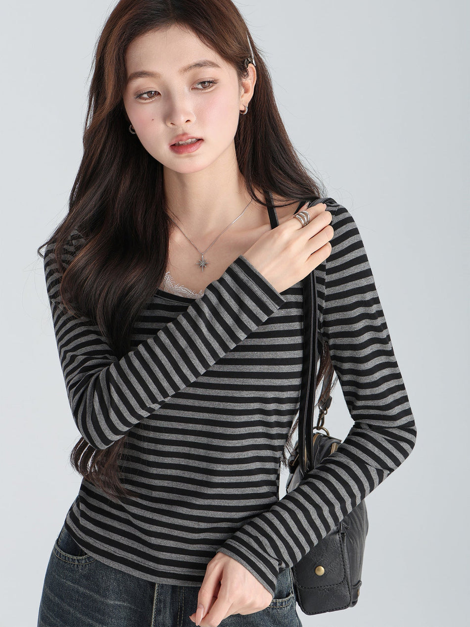 Black Grey Striped Bow Halter Women Long Sleeve Top
