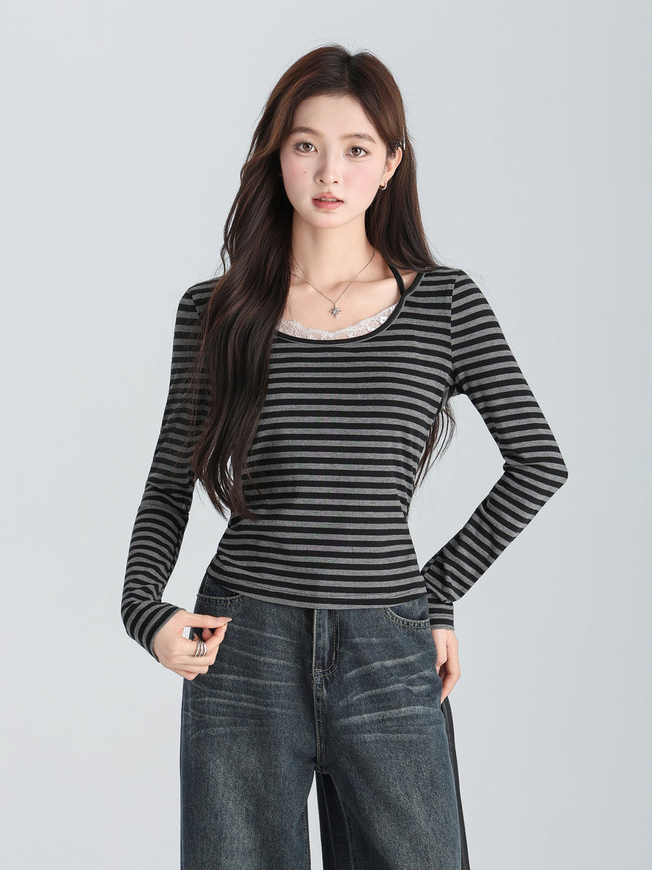 Black Grey Striped Bow Halter Women Long Sleeve Top