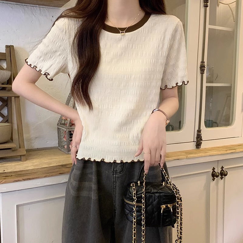Apricot Round Neck Slim Fit Women T-Shirt Top