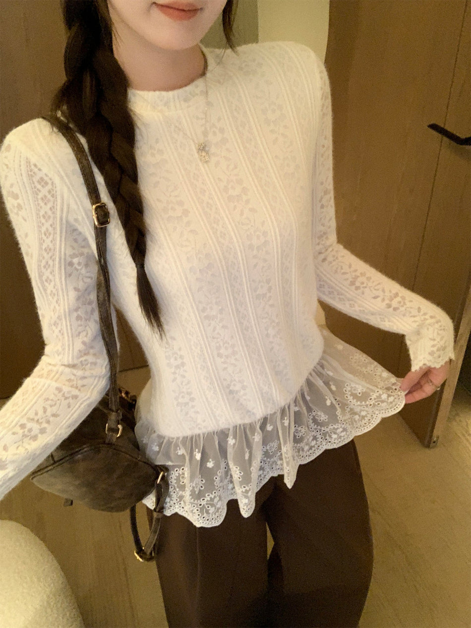 Beige Lace Trim Knit Women Long Sleeve Top