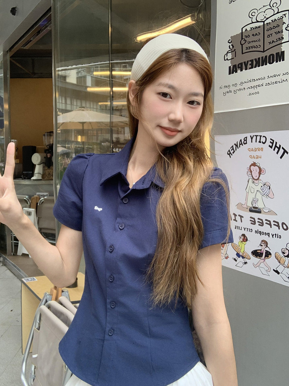 Bow Embroidered Polo Collar Women Summer Top