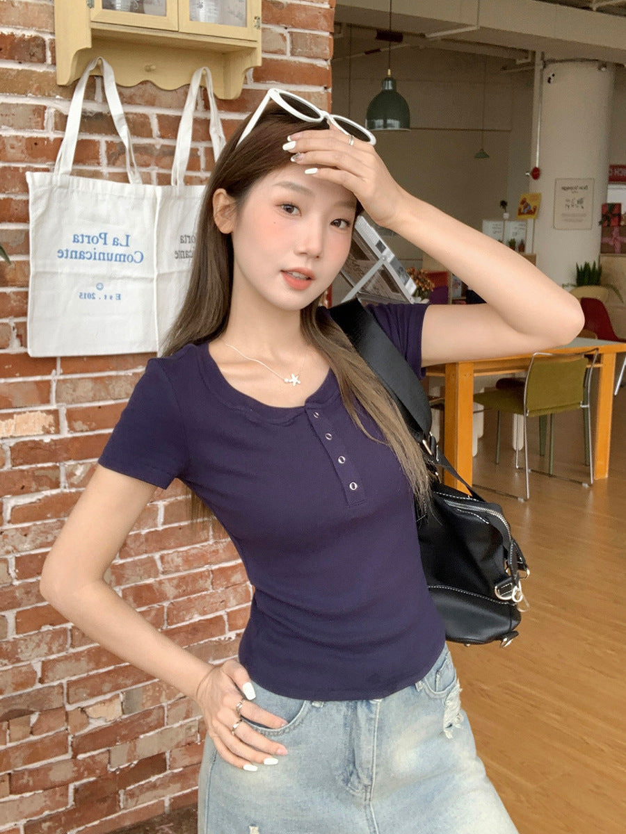 Navy Blue Half Collar Slim Fit Women T-Shirt Top