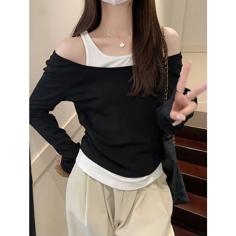 Black White Fake Two Piece Women Slim Fit Top