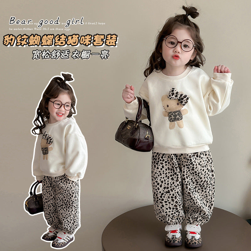 2026 Girls’ Leopard Print Spring Sweatshirt Set