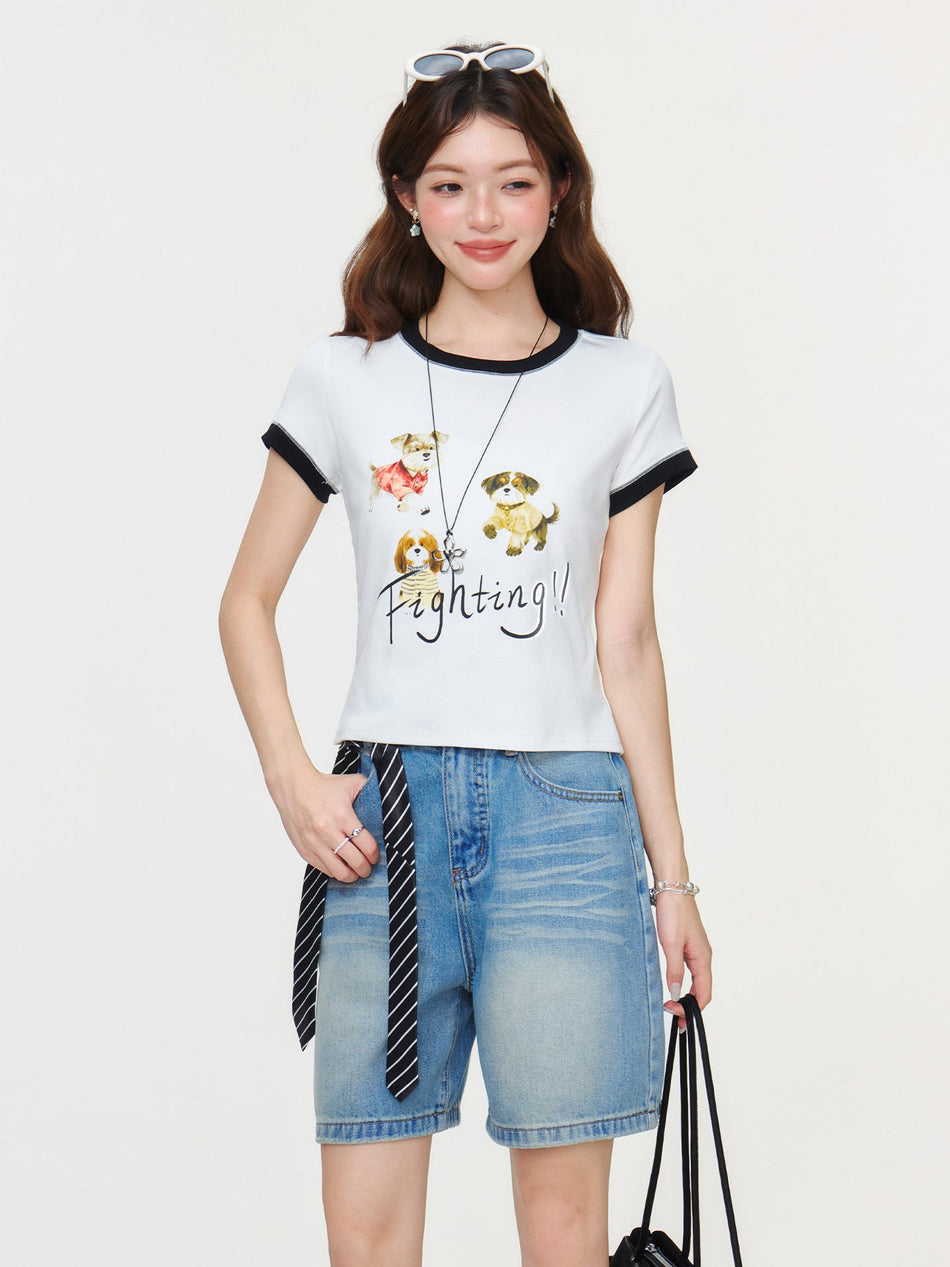 White Animal Letter Print Slim Women T-Shirt Top