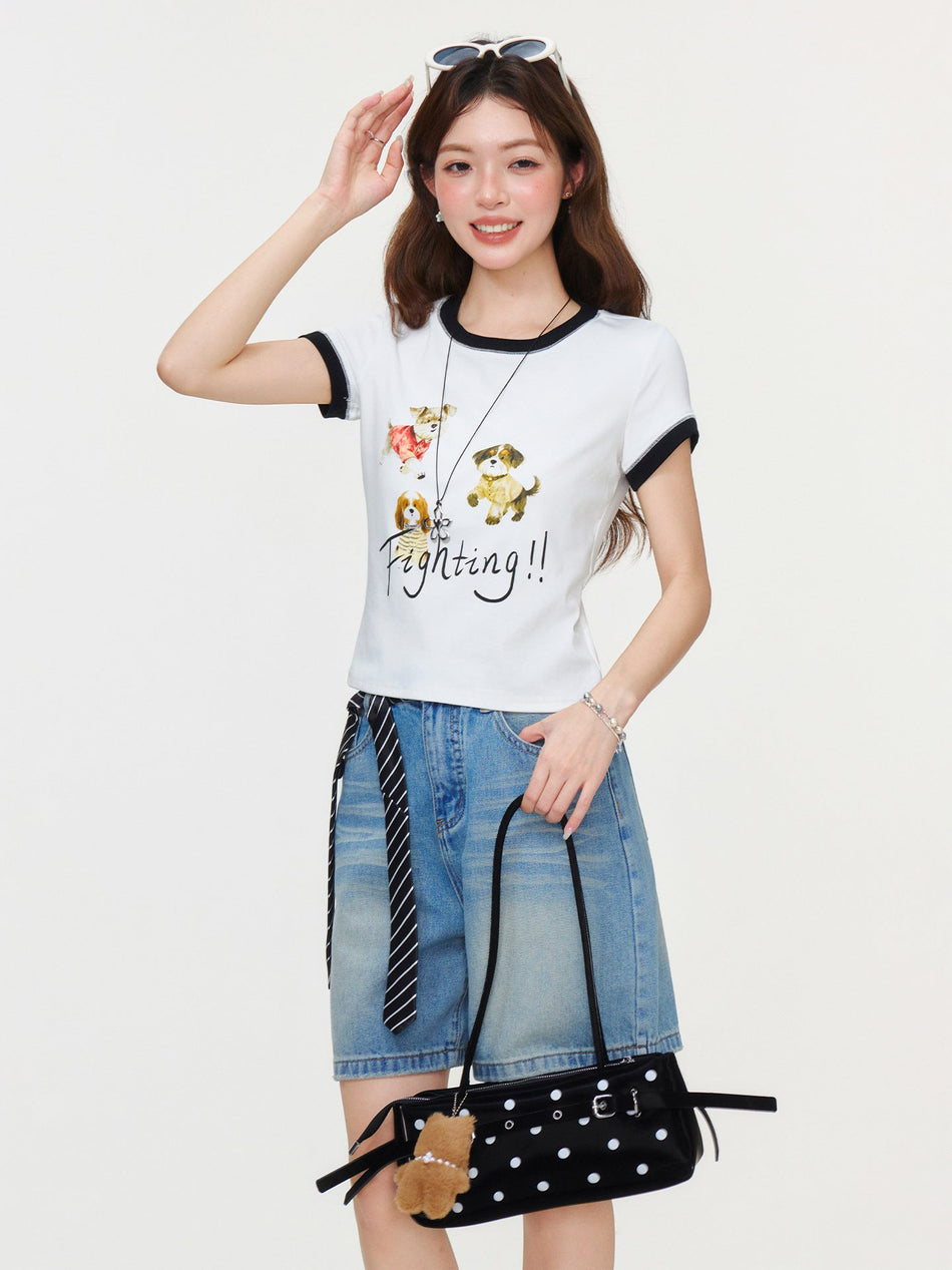 White Animal Letter Print Slim Women T-Shirt Top