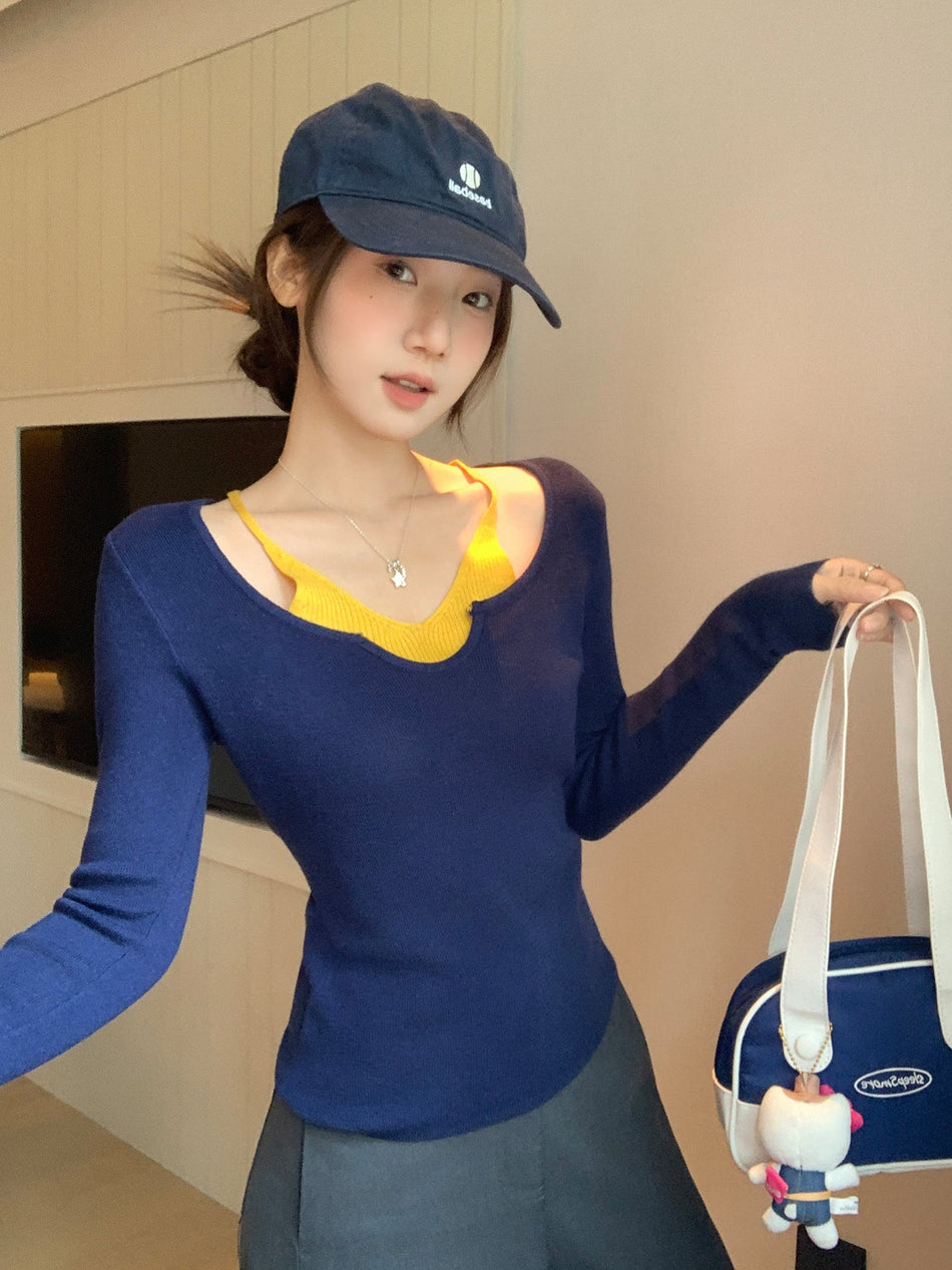 Korean Color Block Fake Two Piece Women Knit Top