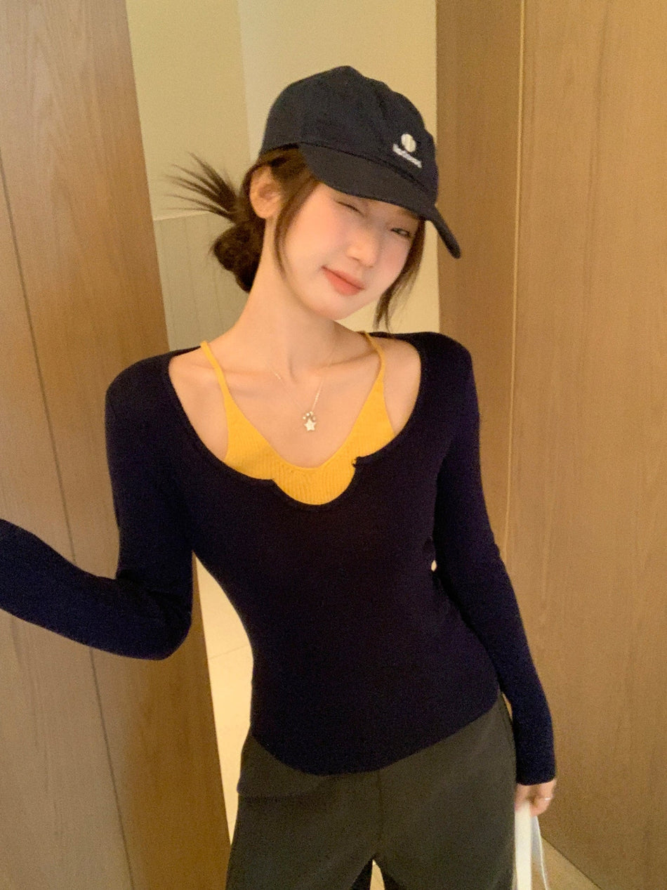 Korean Color Block Fake Two Piece Women Knit Top