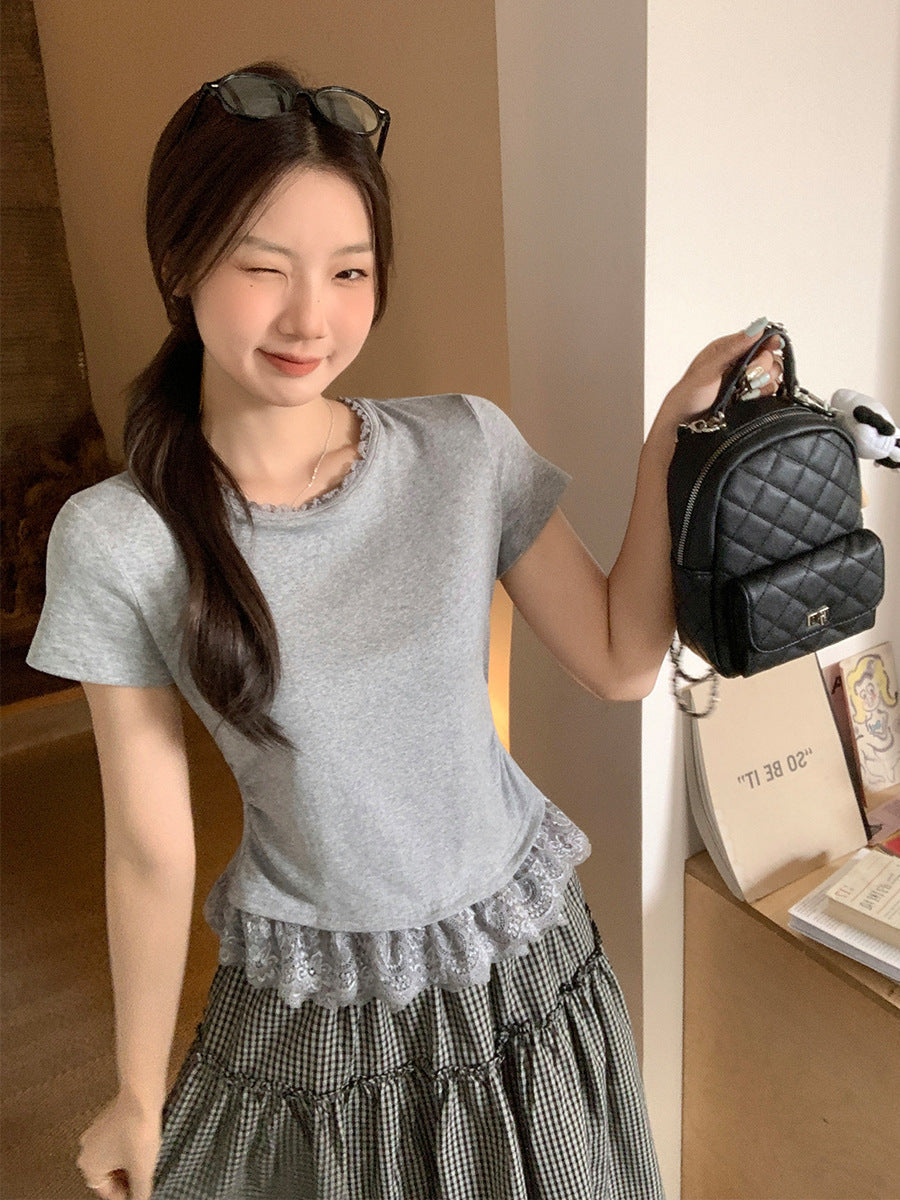 Sweet Lace Splicing Slim Women Short Sleeve Top