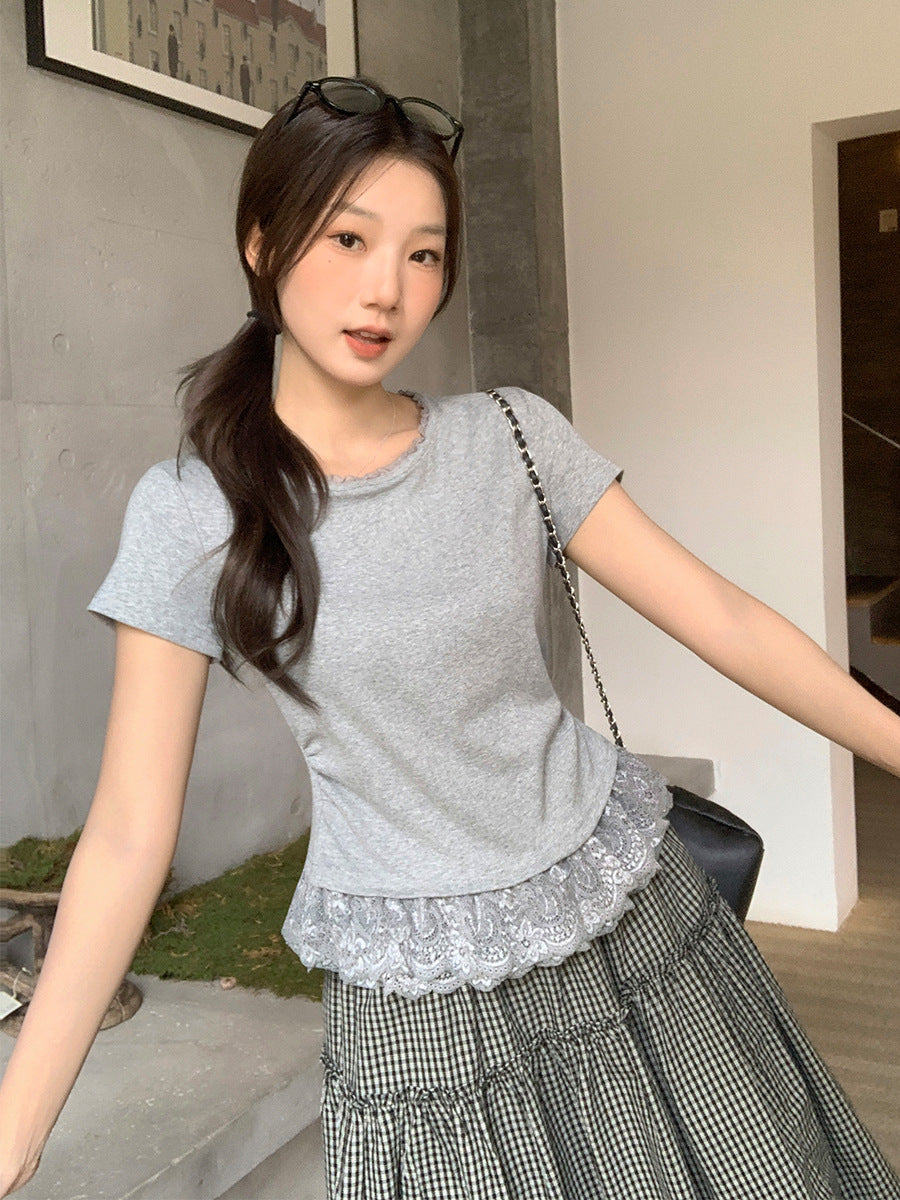 Sweet Lace Splicing Slim Women Short Sleeve Top