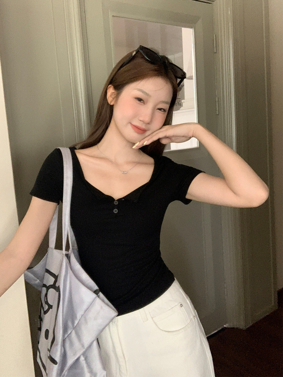 Korean V-Neck Button Slim Waist Women T-Shirt Top