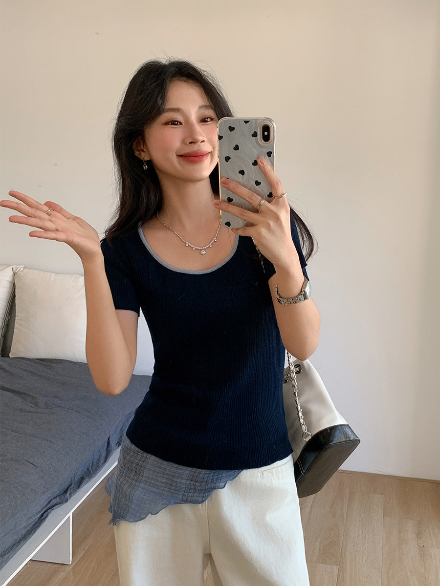 Color Block U-Neck Slim Fit Women Knit Top
