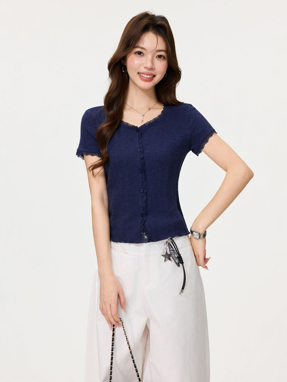 Navy Blue Lace Edge Women Short Sleeve Top