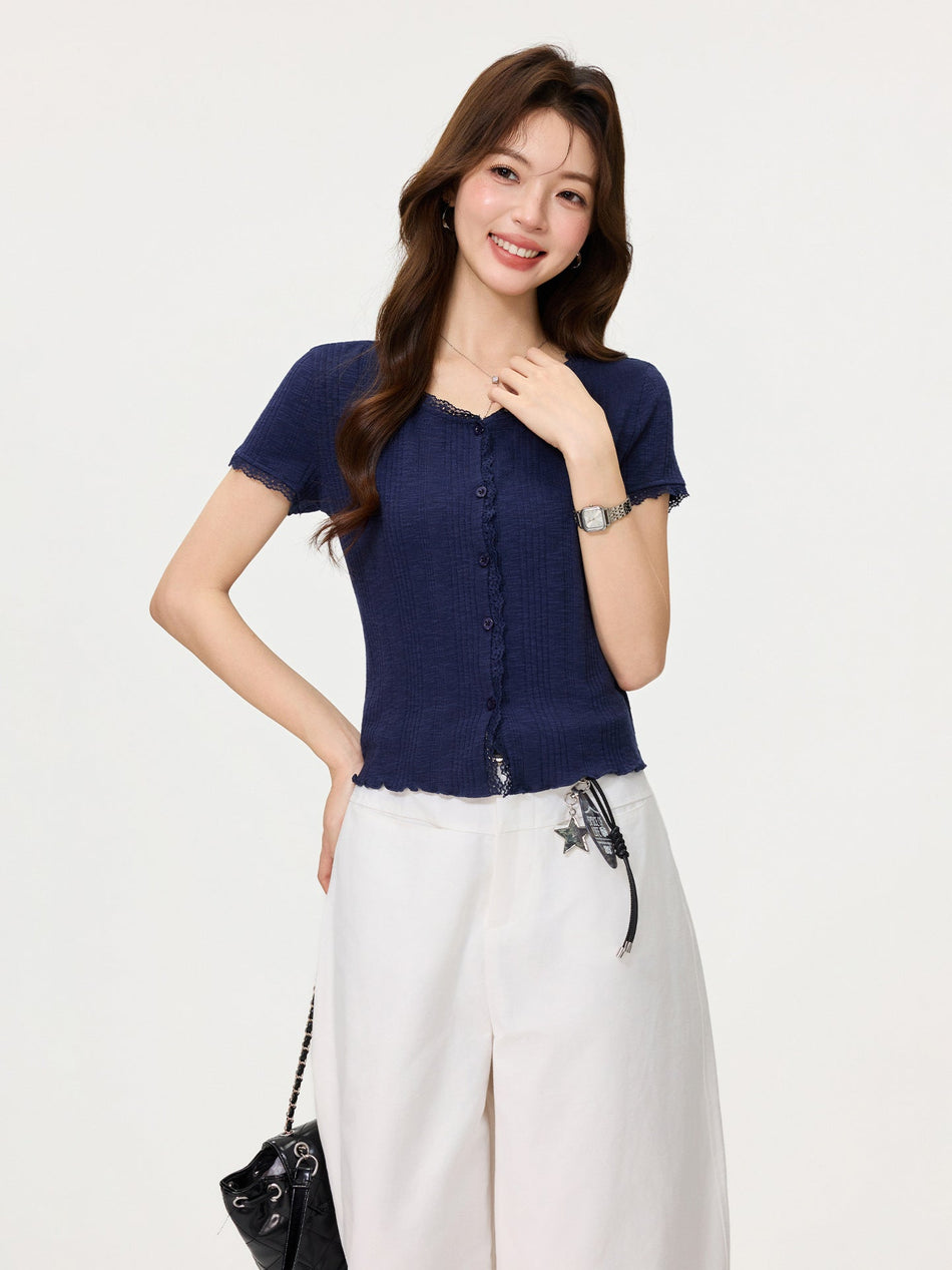Navy Blue Lace Edge Women Short Sleeve Top