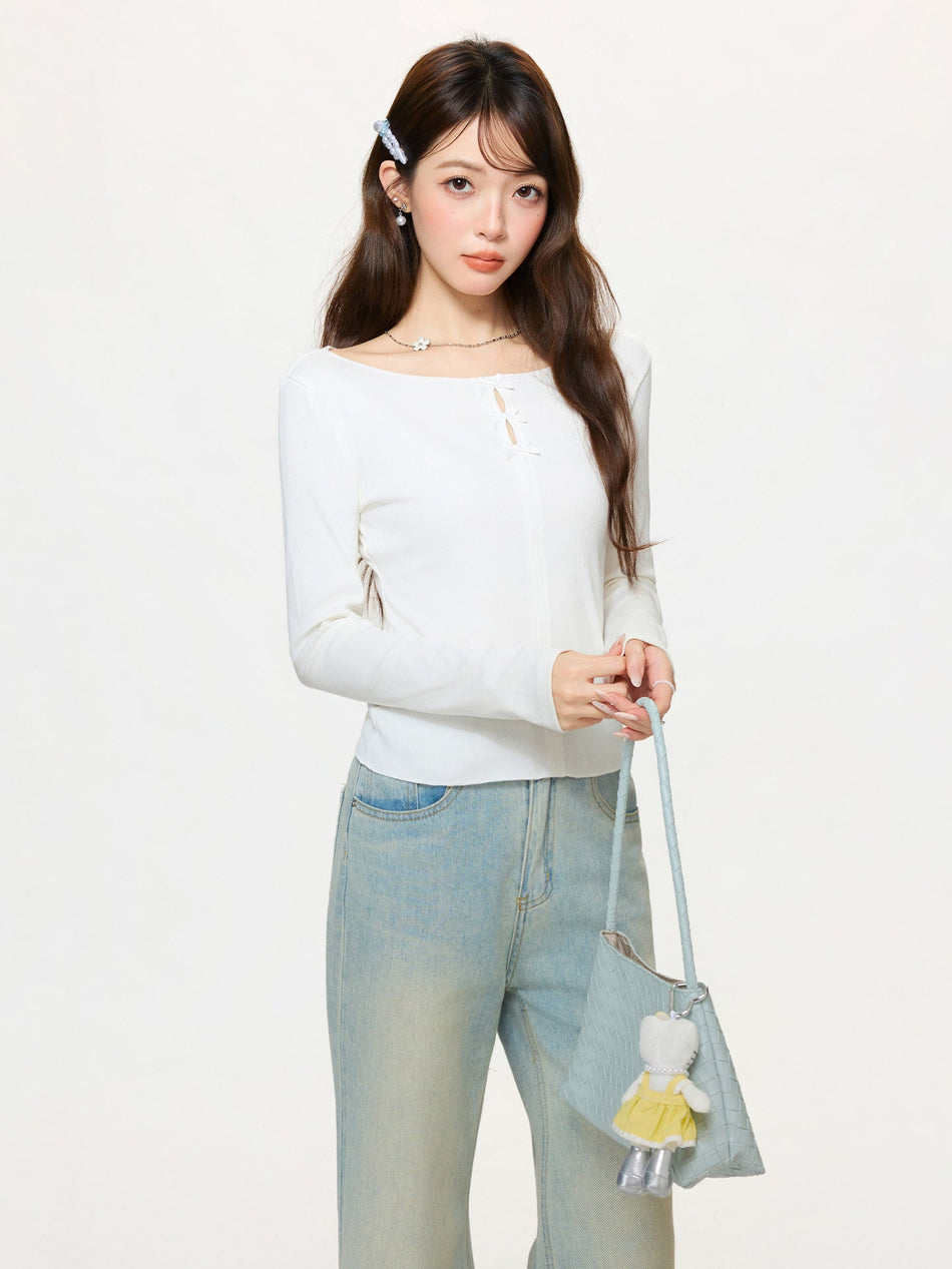 White Bow Hollow Slim Fit Women Long Sleeve Top