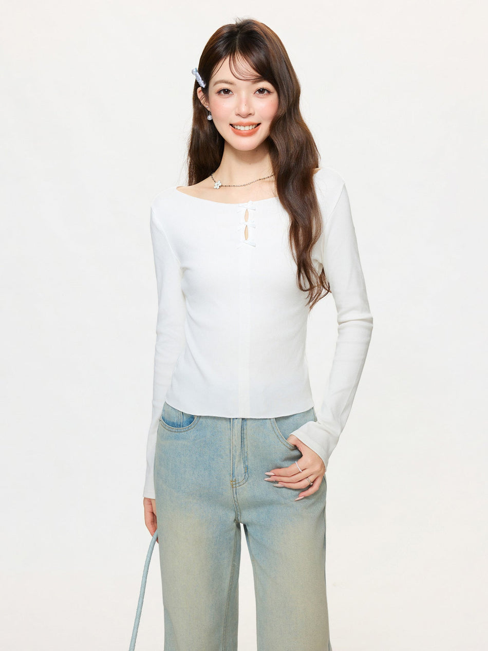 White Bow Hollow Slim Fit Women Long Sleeve Top