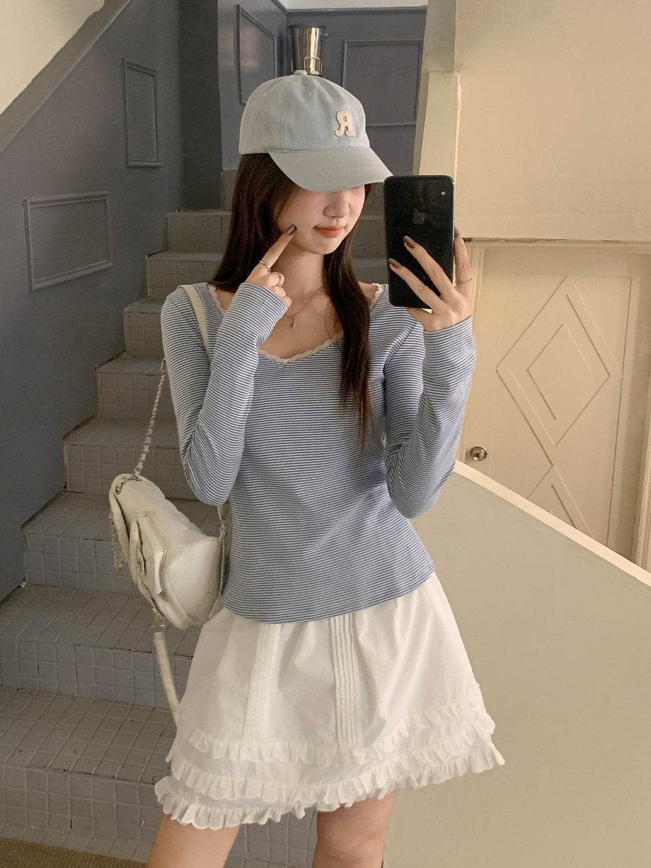 Blue White Striped V Neck Slim Women Top