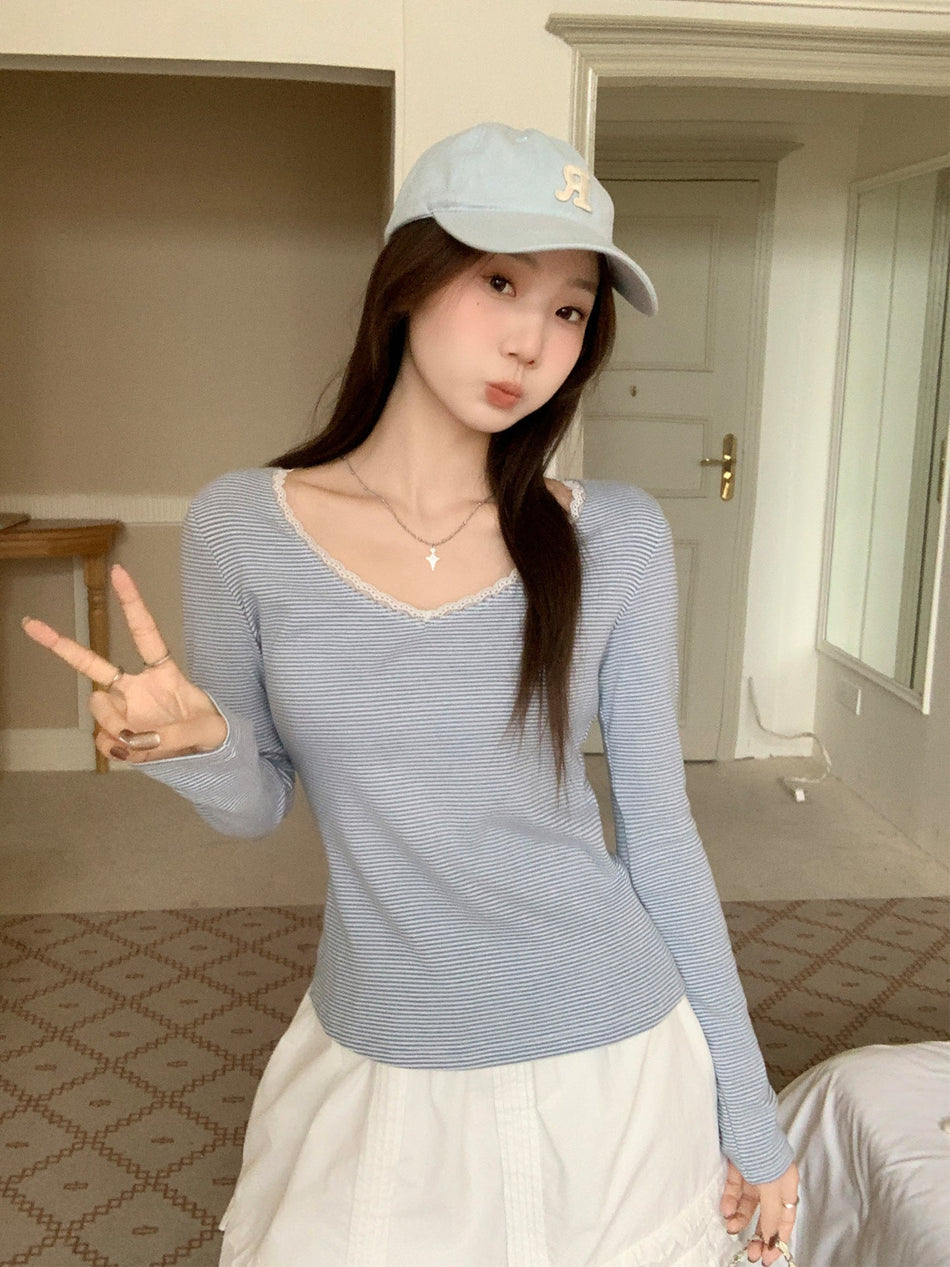 Blue White Striped V Neck Slim Women Top