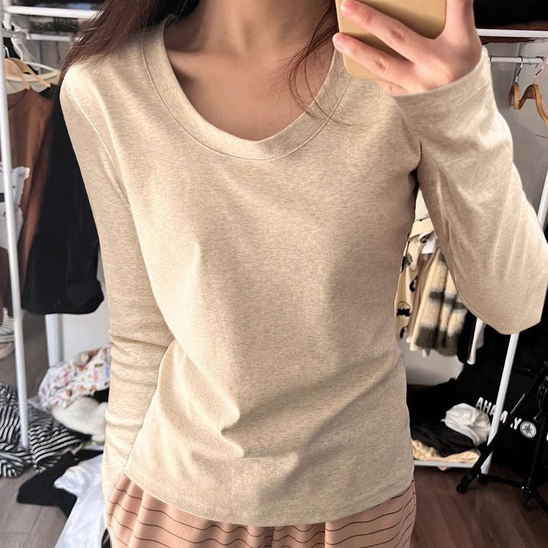 Cotton U-Neck Slim Fit Women Long Sleeve Top