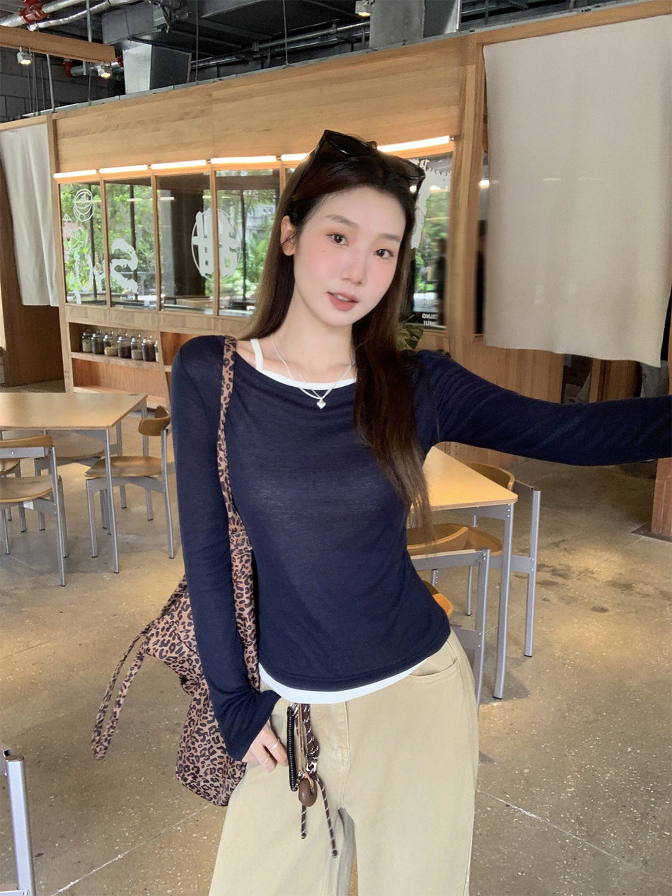 STOCK-Navy Blue Round Neck Women 2 Piece Top Set