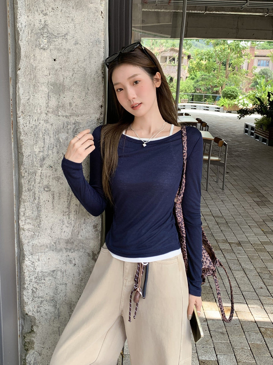 STOCK-Navy Blue Round Neck Women 2 Piece Top Set