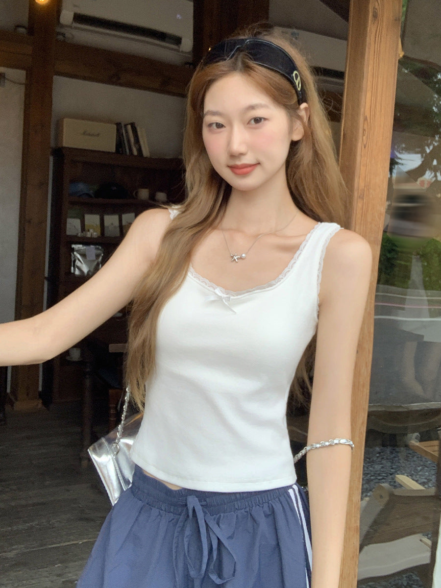 Korean U-Neck Lace Vest Women Bow Slim Top