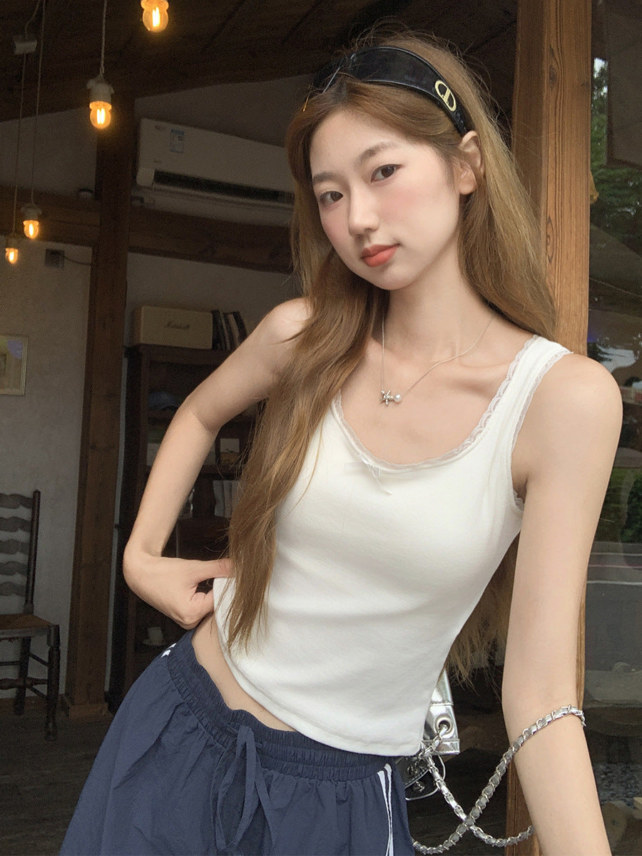 Korean U-Neck Lace Vest Women Bow Slim Top