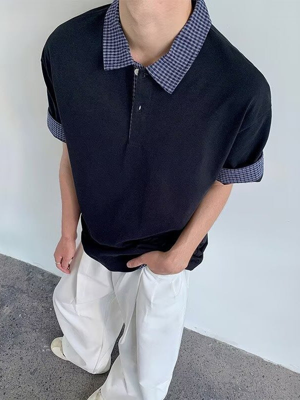 Unisex Plaid Stitch Polo Shirt Fake Two-Piece Summer