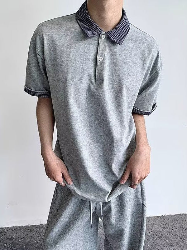 Unisex Plaid Stitch Polo Shirt Fake Two-Piece Summer