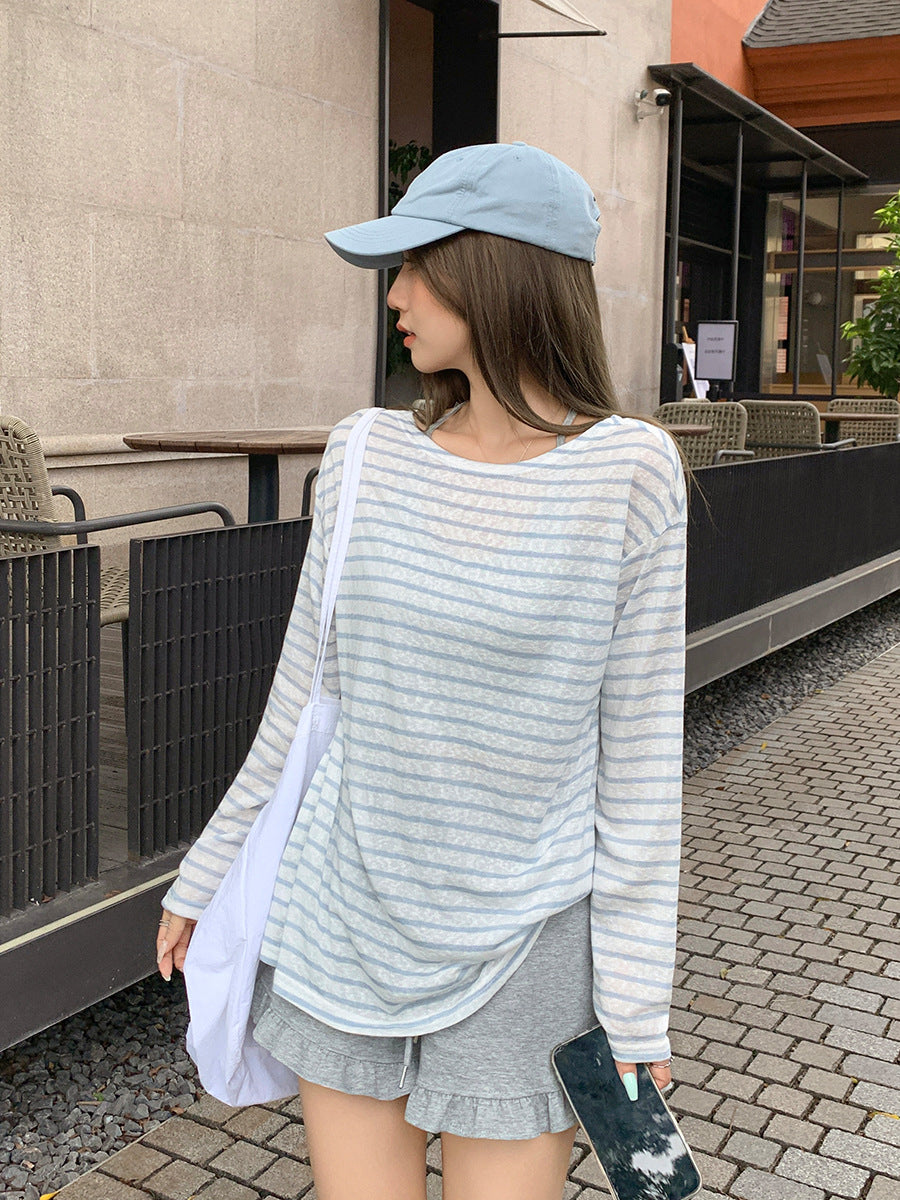 Blue White Striped Sun Protection Women Top