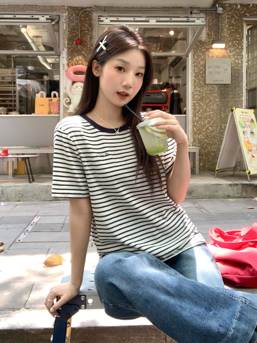 Striped Embroidery Women Loose Summer T-Shirt